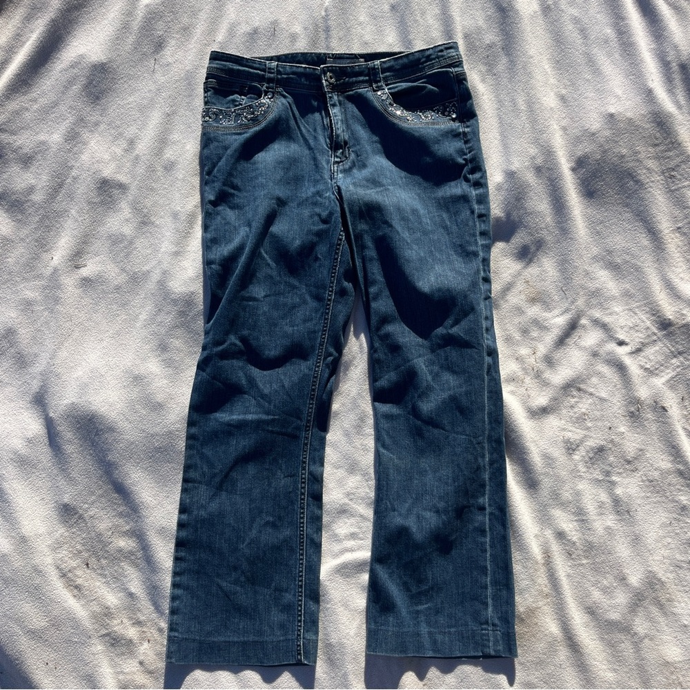 Chico's Platinum Blue Jeans rhinestones stud Size M SHORT (1) Cute Date Comfy